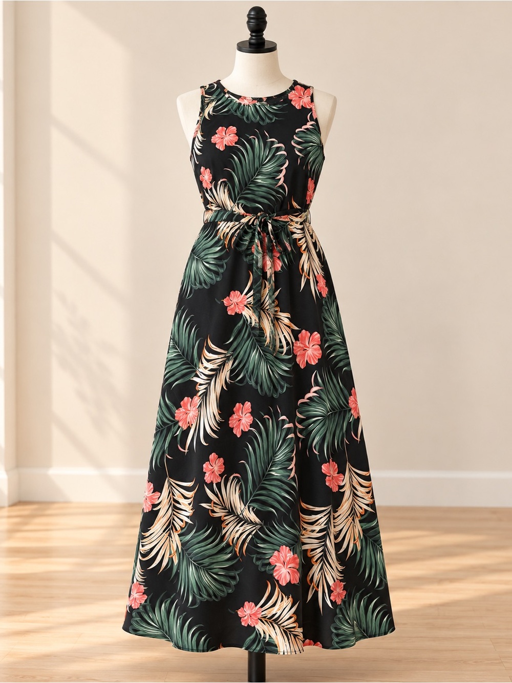 Emery Rose Tropical Floral Maxi Dress L Black Hibiscus Palm Cruise Resort Slit